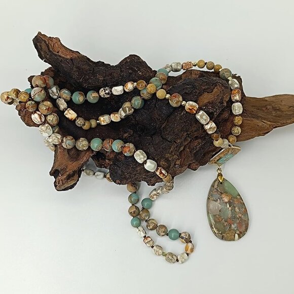 Boho Necklaces for Women Men Long,33/34/35 Inch Natural Jasper Agate Tiger Eye B - Picture 4 of 5